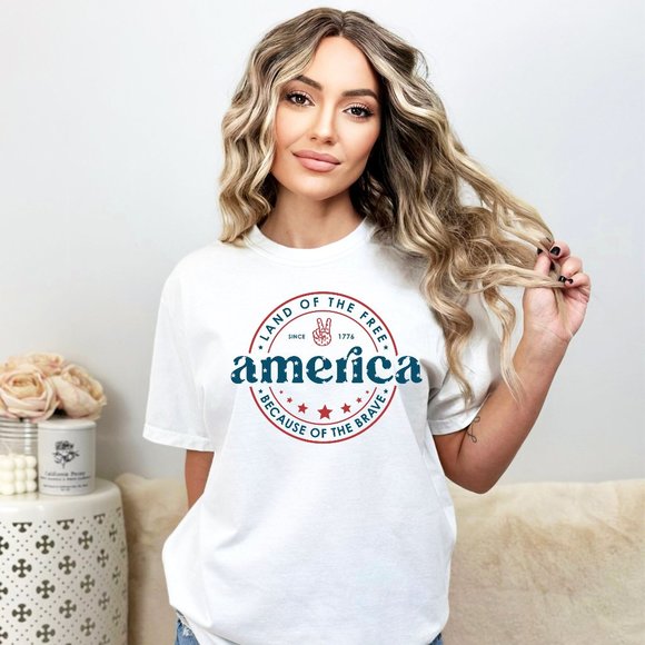 Land of Free Because of the Brave Patriotic American USA July 4th Graphic Tee - Picture 2 of 5